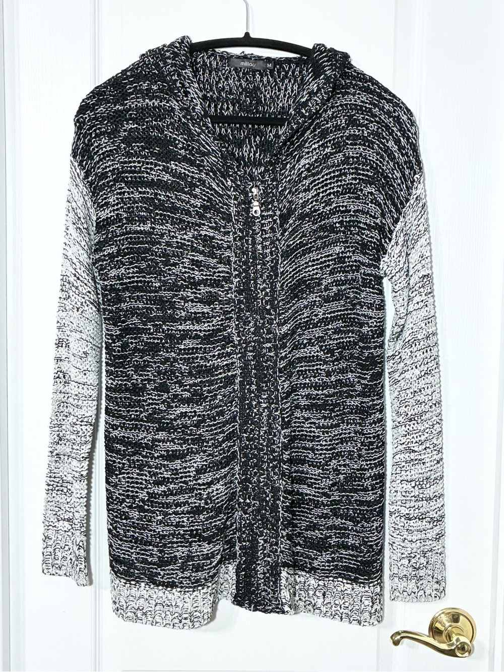 Anthro Millau Hooded Zip Front Marled Open Knit Cardigan Black White Medium